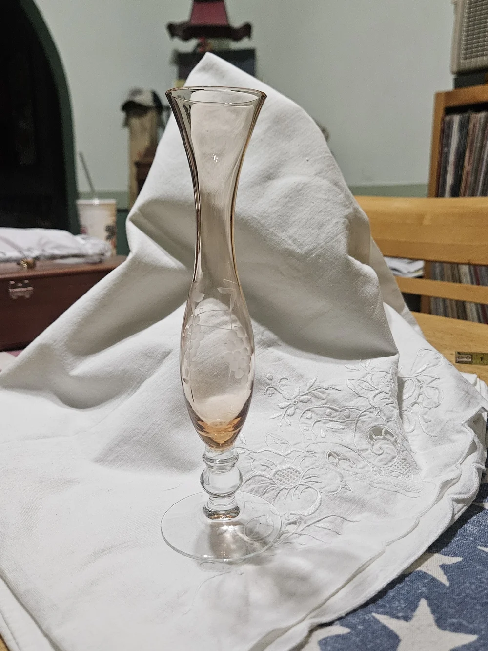 Vintage Pink Depression Footed Vase with Grapes Etched